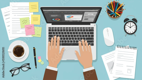 Productive desk with hands typing on laptop, business data, coffee, and office supplies. Suitable for websites, brochures, and business reports.
