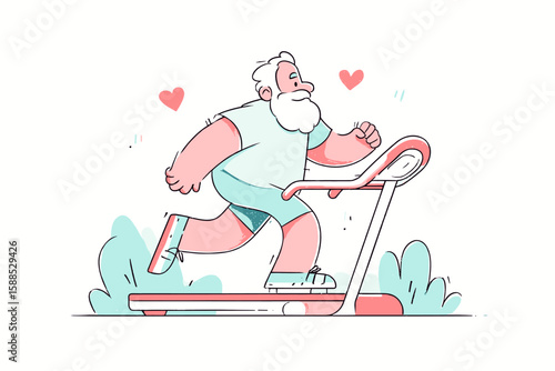 Elderly man jogging on treadmill with joyful expression in wellness retreat  