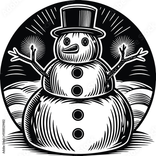 Snowman with top hat and sparkling branches winter