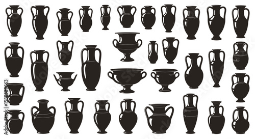 A collection of various black silhouette amphorae and ancient pottery vessels displayed.