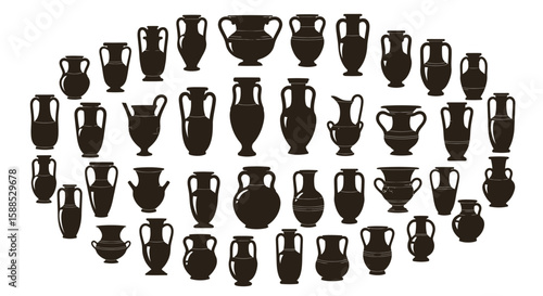 Silhouette arrangement of various ancient Greek amphorae and pottery vessels, showcasing different shapes and sizes.