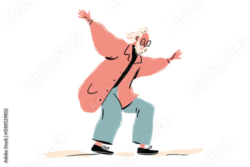 Active senior man dancing joyfully in casual outfit on white background  