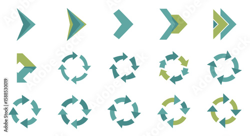 Collection of various green and teal arrow and circular graphic design elements, isolated.