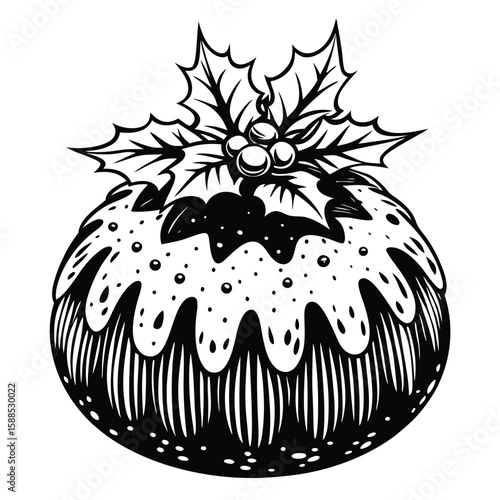 Black and white Christmas pudding with holly berries