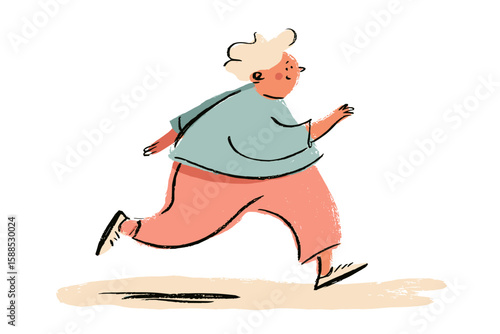 Active senior woman jogging joyfully outdoors in playful illustration  