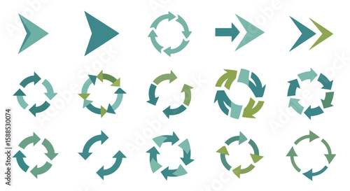 Collection of teal and green arrow icons arranged in linear and circular patterns, indicating direction, flow, and cyclical processes.
