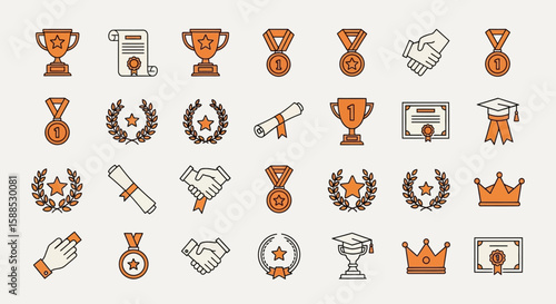 Collection of award icons including trophies, medals, diplomas, laurel wreaths, handshakes, and graduation caps, arranged in rows on a light background.
