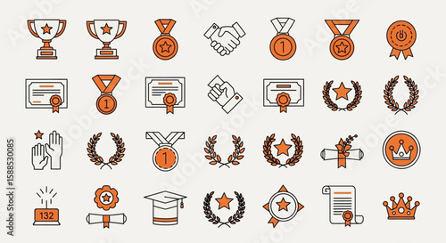 A collection of line art icons representing achievements, awards, and recognition, including trophies, medals, certificates, handshakes, laurel wreaths, grad...