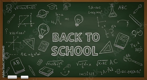 Back to school, a seamless pattern of education symbols drawn on a blackboard with chalk, featuring math formulas, science illustrations, and algebra equations
