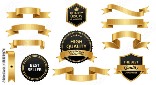 Collection of golden ribbons and black seals with text indicating quality, luxury, and best seller, isolated on a white background.