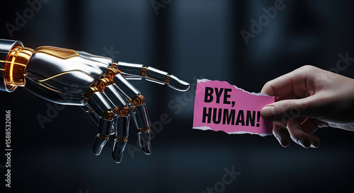 Robot Hand Reaching for Human Hand with Bye Human Sign, AI Takeover Concept, Future Technology, Automation, Artificial Intelligence, Machine Learning