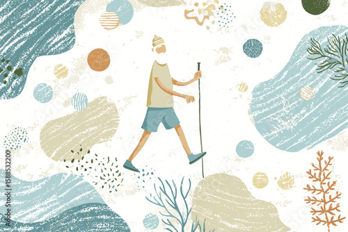 Active senior man hiking with a walking stick in a colorful abstract background  