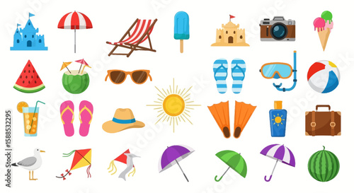 Colorful flat icons representing various summer vacation and beach activities.