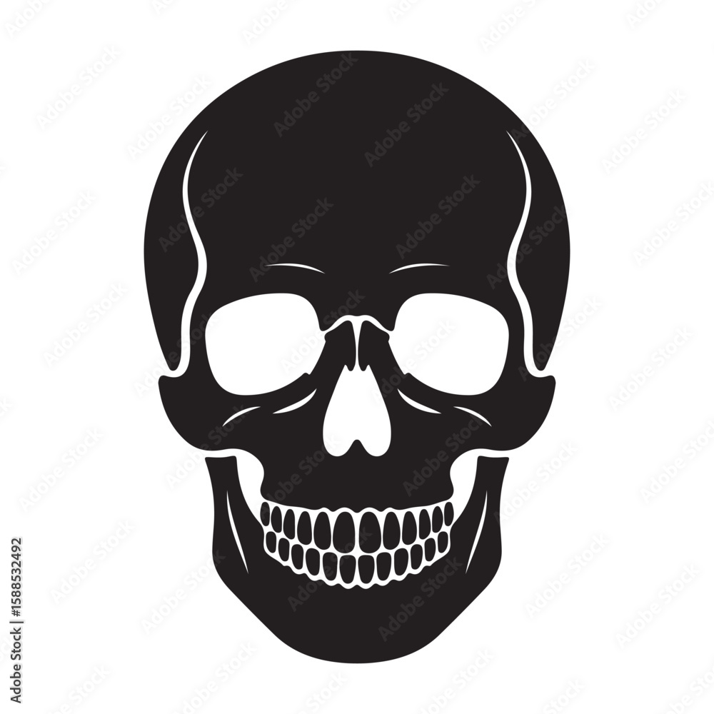 Fototapeta premium Black Human Skull Silhouette Isolated on White Background – Halloween Horror Symbol Vector Illustration. For design and web
