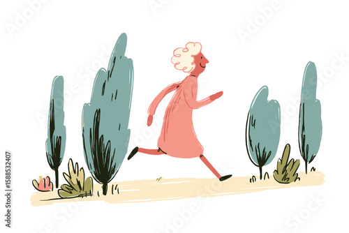 Active senior woman running through garden pathway with trees  