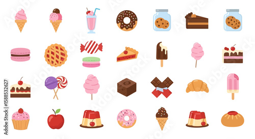 A collection of various colorful and delicious desserts, sweets, and treats arranged in a grid.