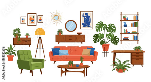 A vibrant illustration showcasing various mid-century modern furniture pieces and decorative elements arranged in a stylish interior design.