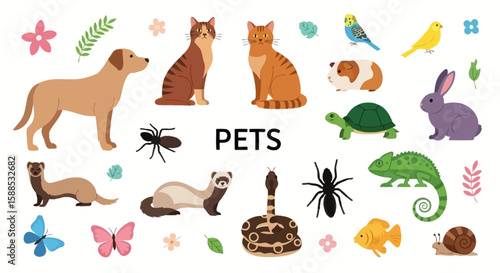 A collection of various illustrated pet animals, showcasing diversity and companionship.