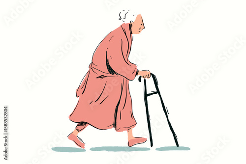 Elderly man walking with a cane in a pink robe  