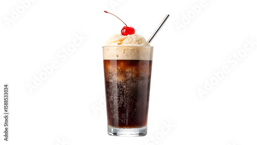 Classic root beer float with vanilla ice cream and a maraschino cherry