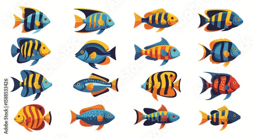 Collection of sixteen stylized, colorful tropical fish illustrations, each with unique patterns and fin shapes, arranged in a grid on a white background.