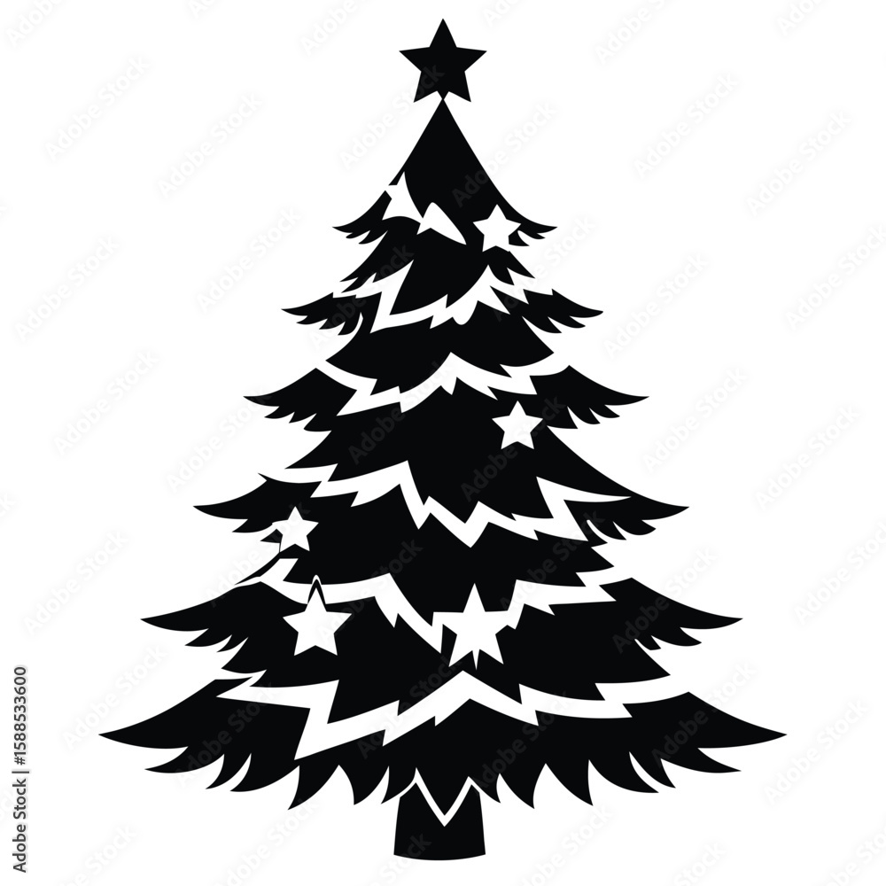 Obraz premium Black Christmas tree with stars black and white silhouette