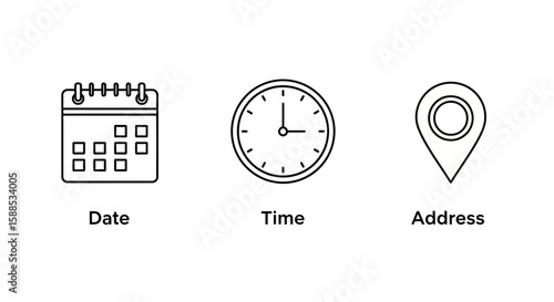 Illustration of a calendar, clock, and location pin icon representing date, time, and address information.