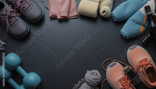 Flat lay of fitness accessories: dumbbells, water bottle, sports shoes, towel, smartwatch, on black gym floor background, minimal and modern, 16:9