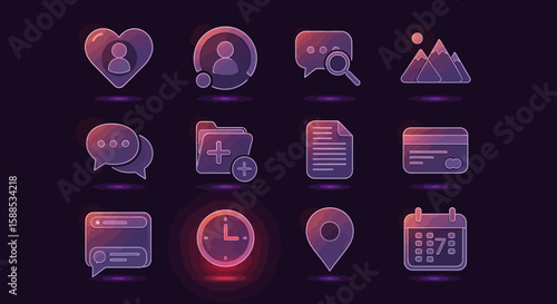 Collection of stylized, glowing, translucent icons representing various digital interface elements.