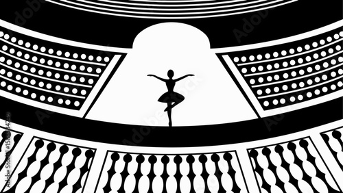 Silhouette of a ballerina performing on stage in a theater with audience seating in black and white