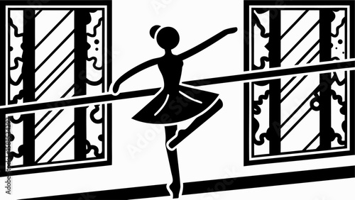 Silhouette of ballerina practicing at the barre in a studio with two ornate windows in the background