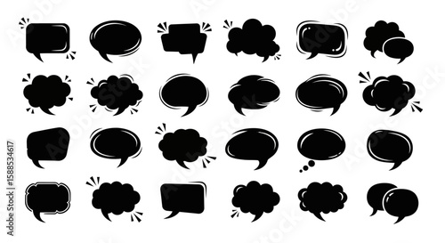 A collection of twenty-four unique speech bubbles and thought balloons in a variety of shapes and styles, all rendered in black silhouette against a white background.
