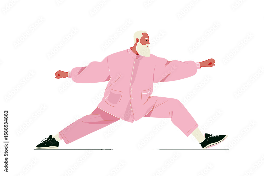 Obraz premium Active senior man practicing tai chi in pink tracksuit illustration 