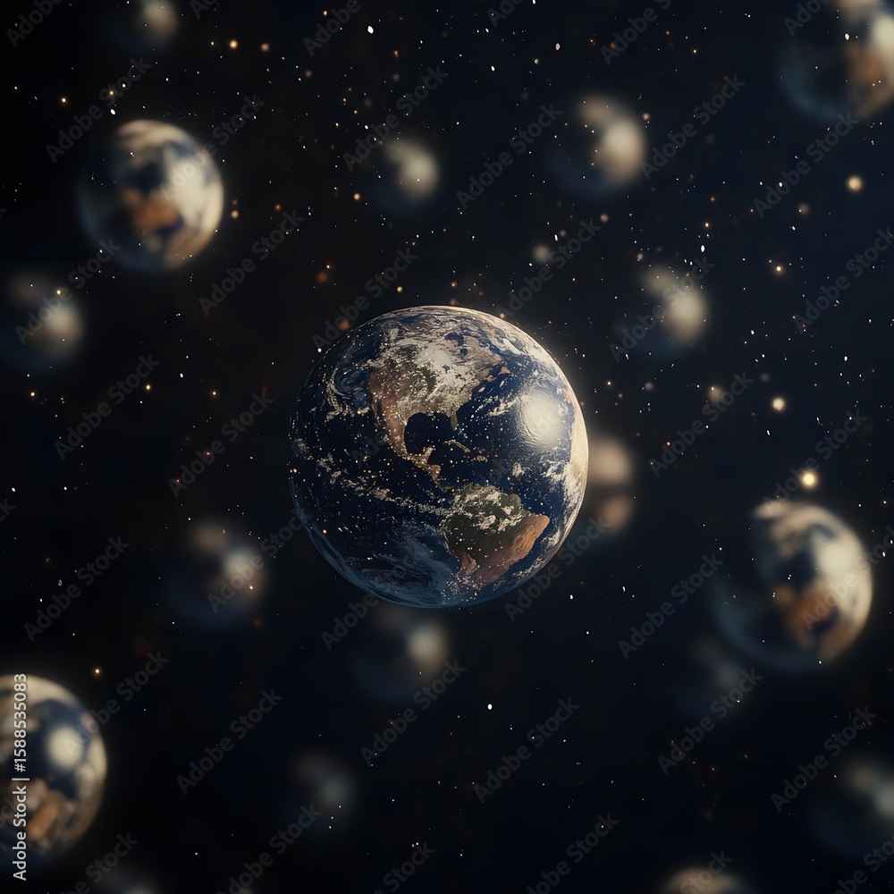 Fototapeta premium multiple spherical objects, similar in appearance to planets, suspended against a dark, starlit background