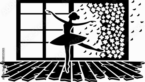 Silhouette of a ballerina in a tutu performing in front of a window with flower patterns on the right