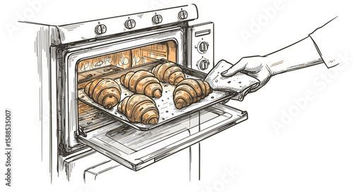 Vintage Ink Sketch Female Hand Taking Tray with Freshly Baked Croissants Out of Oven – Hand Drawn black and white illustration, Engraving Retro Style vector SVG
