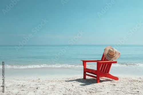 Relaxing beach scene with a red beach chair and a straw hat on white sand under a serene sky and calm ocean waves.