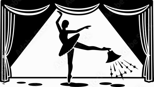 Silhouette of a ballerina on stage with curtains and spotlight in a black and white illustration