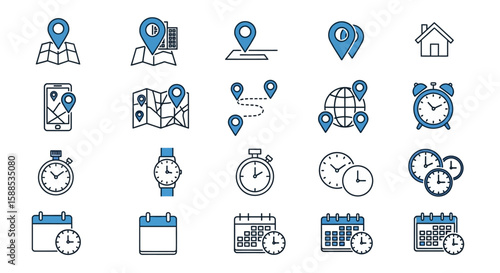 A collection of vector icons depicting navigation, time management, and scheduling concepts.