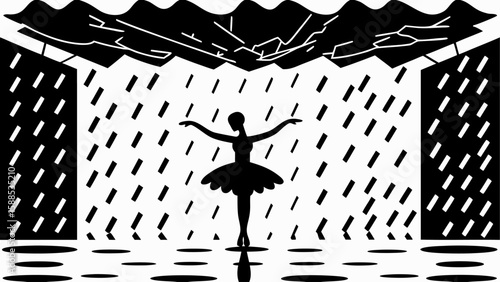 Silhouette of a ballerina dancing on a stage with rain and lightning in black and white design style