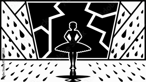 Silhouette of a ballerina in a tutu against a backdrop of cracks and falling raindrops design