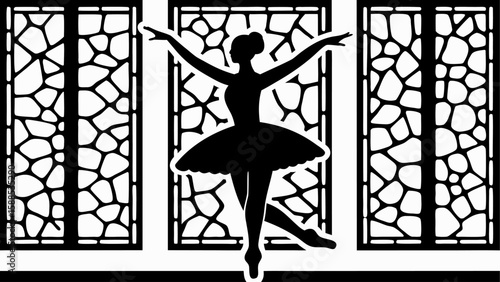 Silhouette of a ballerina in a tutu striking a pose against decorative panels with organic shapes