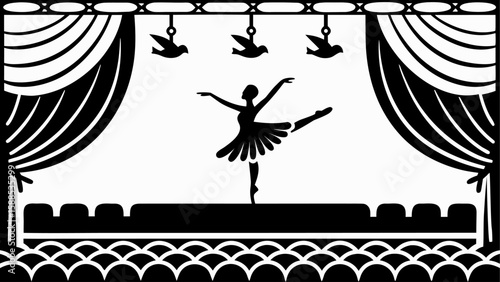 Silhouette of a ballerina performing on stage with curtains and hanging birds in black and white style