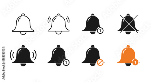 Collection of various bell icons depicting notifications, alerts, and status updates, with different visual styles.