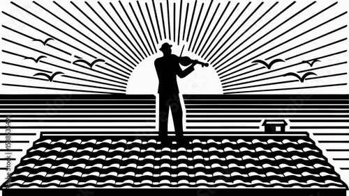 Silhouette of a violinist on a rooftop with sun rays and birds in a black and white graphic design