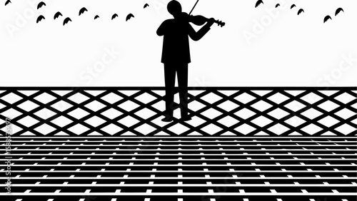 Silhouette of a violinist playing on a patterned surface with birds flying in the background in black and white