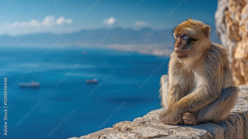 Naklejka premium Barbary Macaque overlooking the ocean majestic view Gibraltar