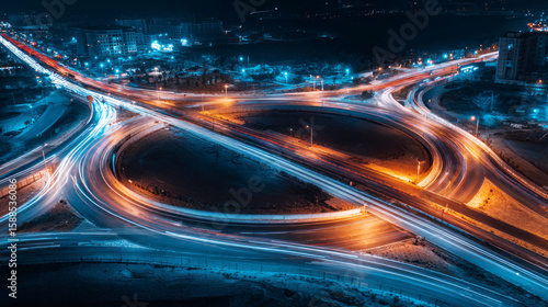 Wallpaper Mural Drone photograph of a modern roundabout interchange at night, with long exposure light trails highlighting dynamic traffic movement and vibrant city illumination. ai generative Torontodigital.ca