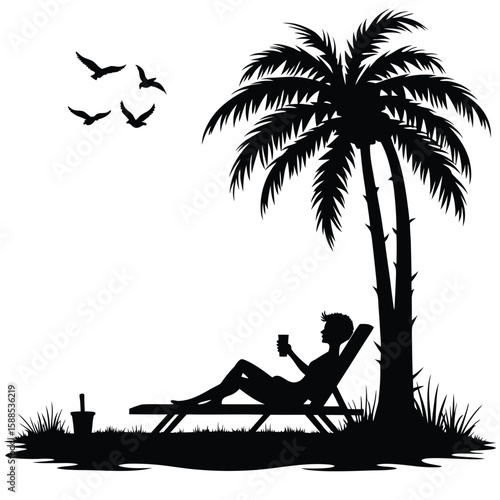 Person relaxing under palm tree with drink and birds flying silhouette reclining
