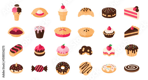 Flattened illustrations of various sweet treats, including ice cream, pastries, cakes, pies, and cookies.